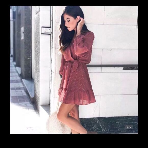 - BOHO mini dress balloon sleeves back elastic waist with back tie - Picture 2 of 10